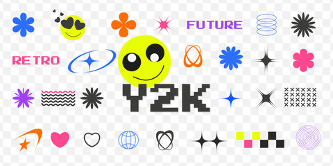 Bright Y2K and brutalist abstract sticker set with geometric shapes and retro vibes. Perfect for trendy digital projects, fashion, and creative designs with a modern, vibrant look.
