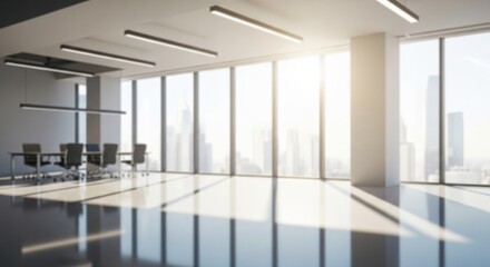 Fototapeta premium Bright Modern Office Interior with Blurred Cityscape View, Conference Table, and Ample Copy Space