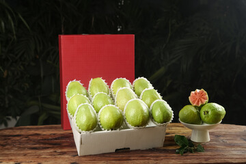 Fresh Green Guavas in Gift Box with Red Envelope - Chinese Tropical Fruit Display