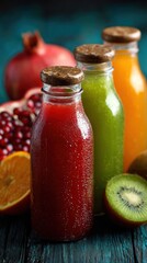 Three colorful juice bottles, red, orange, and green, sit on a teal wooden surface, surrounded by fruits like pomegranate, orange, and kiwi