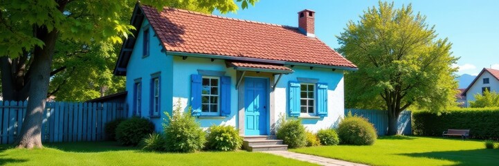 Blue paint transforms a quaint house, sunny day scene , brush, house, sky