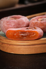 Frosty Persimmon Cakes from Fuping Guangxi China Traditional Dried Fruit Sweet Delicacy on Bamboo Steamer