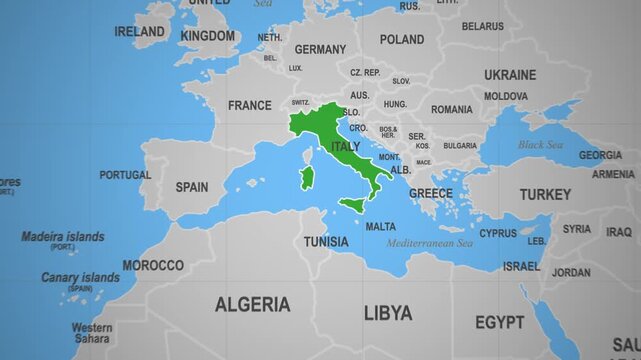 Italy Country Marked on World Map 2D Animation Southern Europe