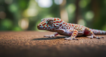 Obraz premium Vibrant Tokay Gecko with striking patterned skin rests on textured surface outdoors