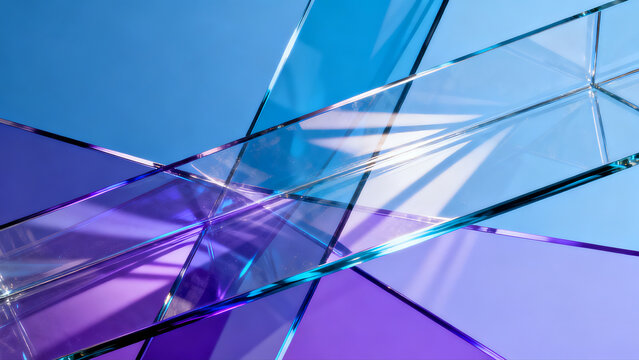 Geometric glass structure with reflective surfaces and vibrant blue and purple hues against a clear sky