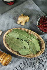 Fresh Bay Laurel Leaves with Asian Cooking Spices and Ginger Root Seasoning Ingredients