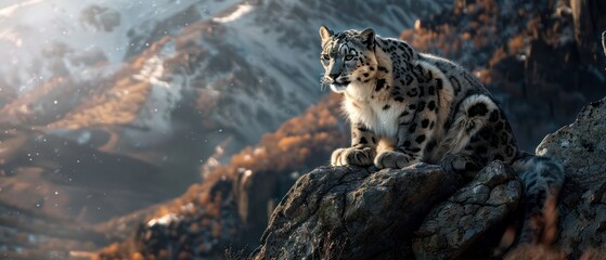 Snow leopard on rocky mountain