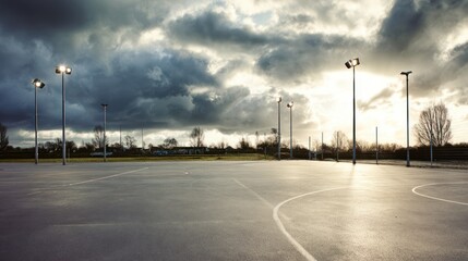 Empty outdoor sports court under cloudy sky