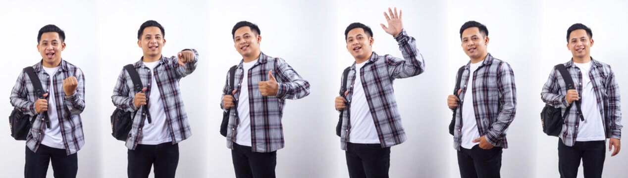 Set collection or collage of handsome Asian student isolated on white background