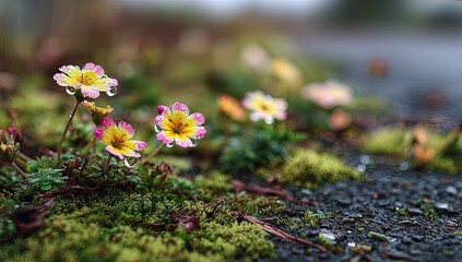 Fototapeta premium Small flowers in mossy environment