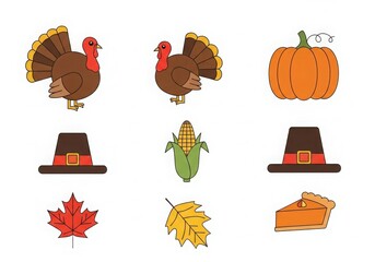 Thanksgiving icons collection with turkeys pumpkins hats corn and leaves