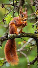 Obraz premium A red squirrel perched on a branch, eating a nut. Close-up view of the squirrel, surrounded by lush forest greenery