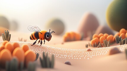 Cute cartoon bee pollinating in a stylized landscape