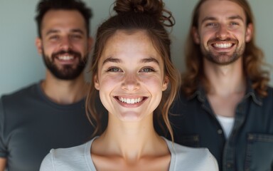 Young woman smiles brightly with two men behind her. High quality