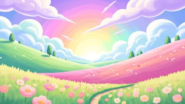 Colorful animated landscape of blooming pink flowers and rolling green hills under bright sunrise sky with fluffy clouds and distant trees