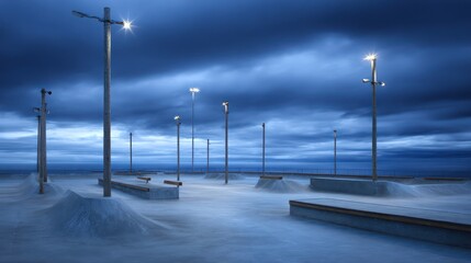 Empty urban skatepark at dusk
