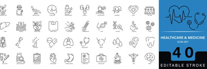 Healthcare & Medicine Line Icons. 40 outline vector icons featuring hospital, ambulance, doctor, treatment, medicine, pharmacy, and medical care. Editable stroke, thin linear illustration.