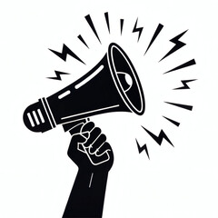 Hand Holding Megaphone with Sound Waves – Black and White Announcement Icon Illustration