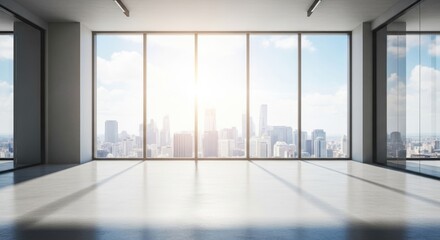 Fototapeta premium Modern Empty Office Space with Panoramic Cityscape View and Bright Sunlight