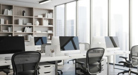 Fototapeta premium Modern Empty Open-Plan Office Workspace with Computers and City View