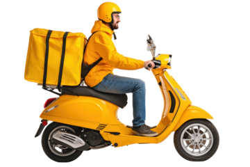 Smiling Delivery Guy on Yellow Scooter with Food Bag Illustration. Ai Generated Images