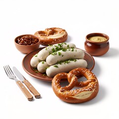 At Oktoberfest, traditional Bavarian dishes are served: white Munich sausages (Weisswurst).on a white background