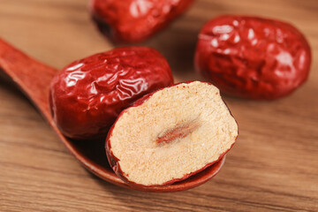 Hotan Jujube Dates from Xinjiang - Sweet Red Dried Fruit on Wooden Spoon