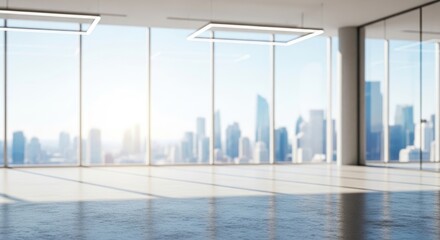 Bright and Spacious Modern Empty Office Interior with City Skyline View