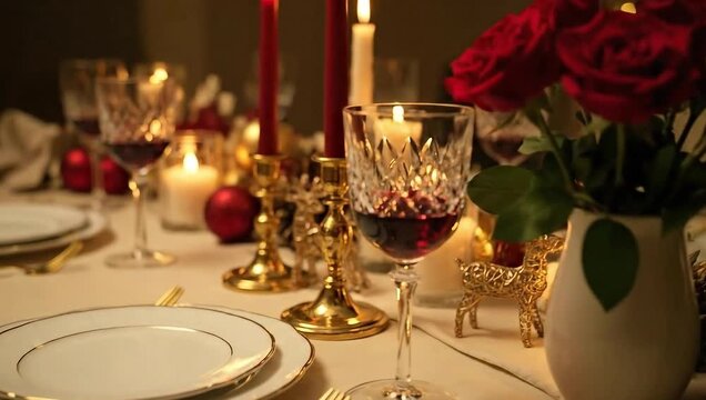 Warm, Elegant Christmas Dinner Table Setting with Goldware, Red Wine  Festive Decor for Holiday Celebrations