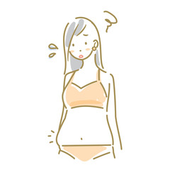 ぽっこりおなかが気になる女性　ソフトなタッチのお洒落な水彩風線画イラスト