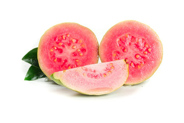Fresh Red Guava Fruit Slices with Pink Flesh and Green Leaves on White Background