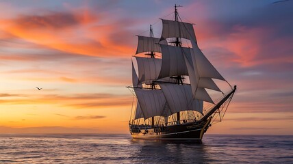 Majestic Tall Ship Sailing Sunset Ocean