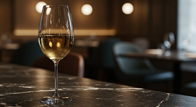 glass of white wine with condensation running down the side placed on a dark marble countertop.The background is a elegant restaurant/bar setting with soft lighting,a shallow depth of field