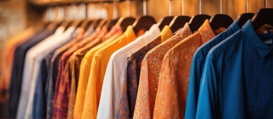 Obraz premium Colorful shirts with unique patterns hanging neatly on wooden hangers in stylish clothing store, vibrant hues matching soft, inviting ambiance.