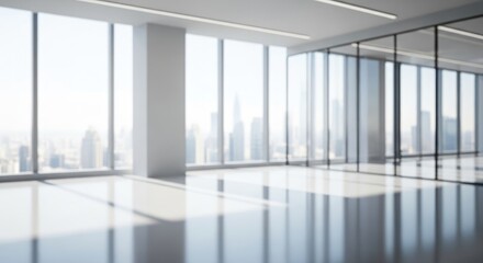 Obraz premium Blurred Modern Empty Office Interior with City Skyline View and Bright Sunlight