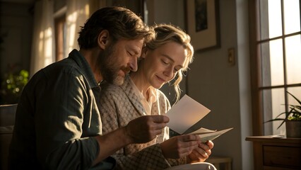 Couple Sharing Cream & Letters in Dim Light. Reading notes together at home, hands touching moisturizer—intimate beauty and emotion.