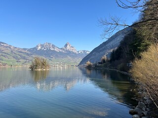 Swiss subalpine lake Lauerz in the valley basin of Schwyz, Switzerland - Lauerzersee im Talkessel von Schwyz, Schweiz