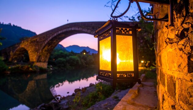 A glowing lantern illuminates a cobbled path, with a stone arch bridge reflecting in the calm river at twilight, creating a serene ambiance - Powered by Adobe