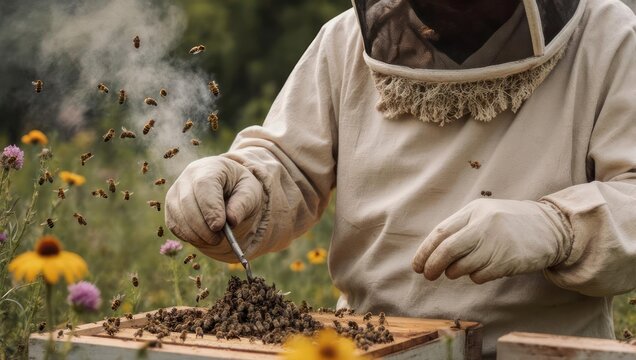 Beekeeper tending to honeybees in the apiary, surrounded by a cloud of buzzing insects, demonstrating sustainable beekeeping practices