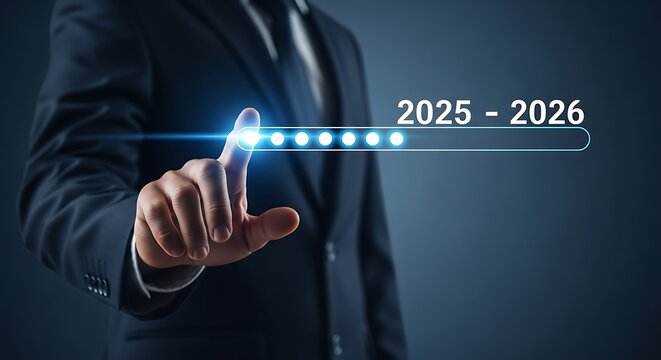A businessman in a suit points a glowing finger at a futuristic progress bar indicating the years 20252026, symbolizing future planning and advancement