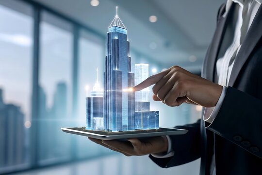 Close-up of hands interacting with holographic skyscraper model for real estate investment presentation