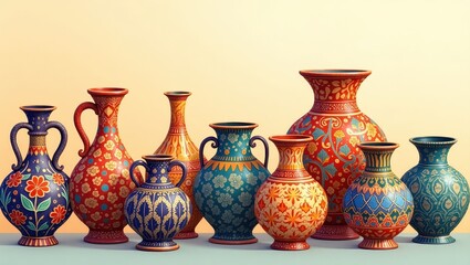 Ornate decorative ceramic vases, arranged in a row, showcase vibrant patterns and rich colors.