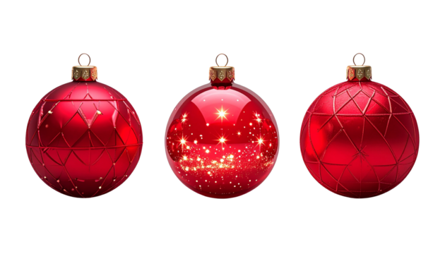 Festive holiday bundle of three shiny red Christmas balls isolated on transparent background