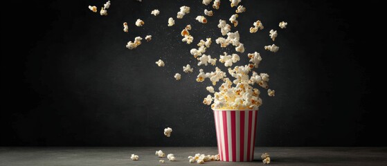 Premium high-quality popcorn burst with flying kernels in striped bucket on dark background, joyful snack concept for social media and marketing campaigns