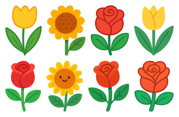 PNG Colorful cartoon flower illustrations, element set on transparent background