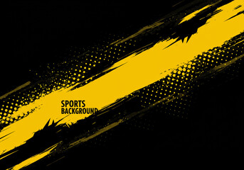 Dynamic yellow and black abstract background with energetic brush strokes and halftone dots, perfect for sports branding and event promotion