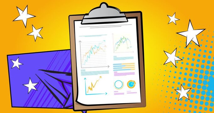 Cartoon business report, comic book Financial Plan. Retro vector comics pop art design.