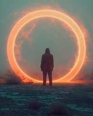 Mysterious hooded person facing a surreal fiery ring of light in a desolate, otherworldly environment