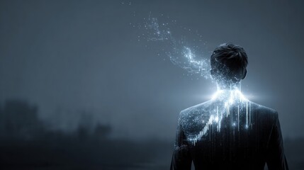 Obraz premium Conceptual depiction of a businessman with digital data emanating from his body