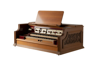 Vintage electronic keyboard organ with music stand for classic music performance isolated on transparent background